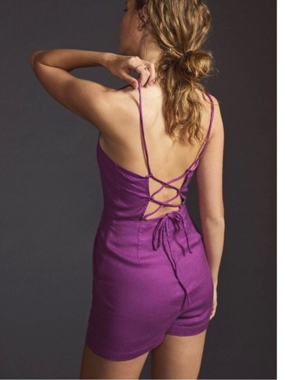 Anthropologie Maeve purple tie back mini romper spaghetti straps and tie back - Picture 2 of 11
